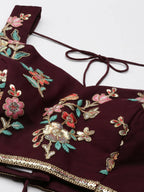 House of Panchhi Burgundy Net Sequinse Work Lehenga & Blouse, Dupatta | Grocsy