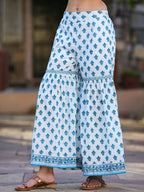Juniper Women's Blue Cotton Cambric Floral Placement Printed Anarkali Kurta Sharara & Dupatta Set | Grocsy