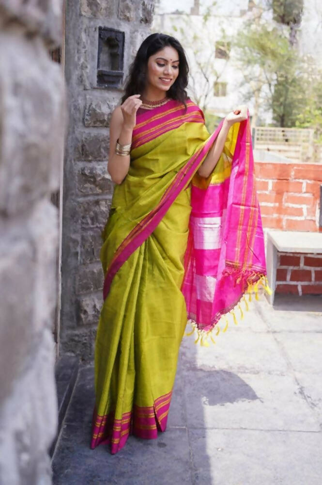 Very Much Indian Handloom Cotton Viscose Ilkal Saree - Bright Green | Grocsy