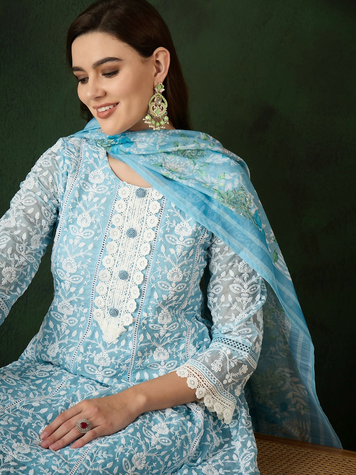 Blue Crystal Organza schiffli embroidery Kurta With Trouser & Dupatta - Bhumi | Grocsy