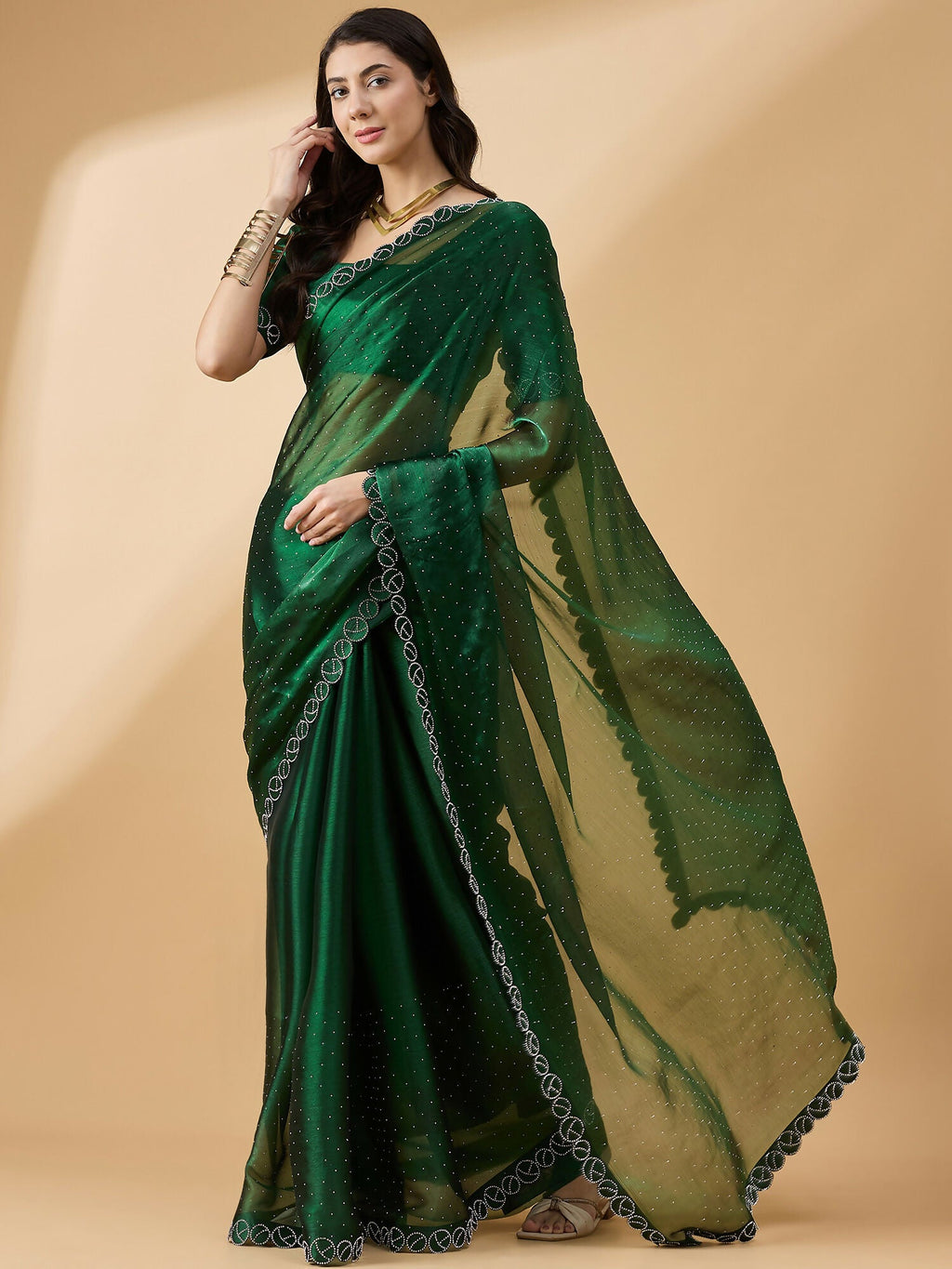 Green Organza Swaroski Diamond Work Saree with Unstitched Blouse - Radha | Grocsy