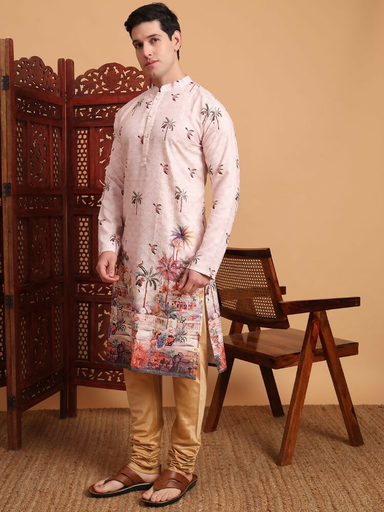 Peach Cotton Printed Chikankari Embroidery Work Kurta - Mahotsav | Grocsy