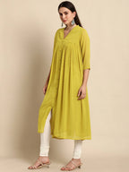 Janasya Women Mustard Yellow Dobby Weave Poly Chiffon Kurta | Grocsy