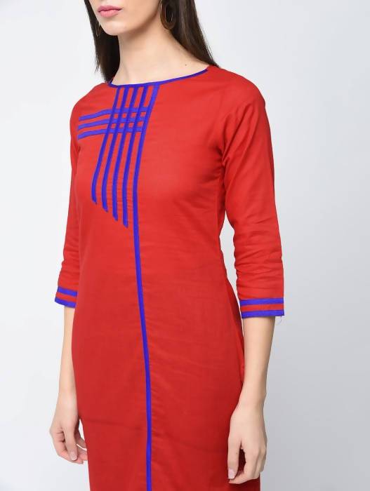 Aniyah Cotton Red Color Straight Kurta With Patchwork (AN-108K) | Grocsy