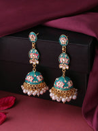 NVR Women Gold-Polished Blue Kundan Jhumkas Earrings | Grocsy