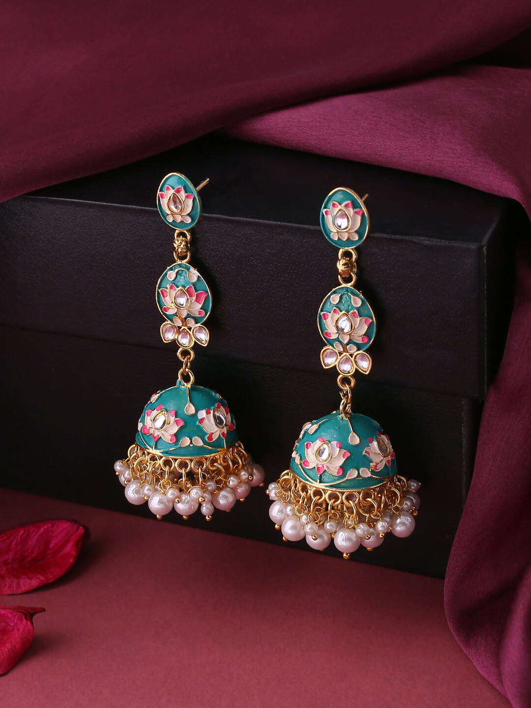 NVR Women Gold-Polished Blue Kundan Jhumkas Earrings | Grocsy