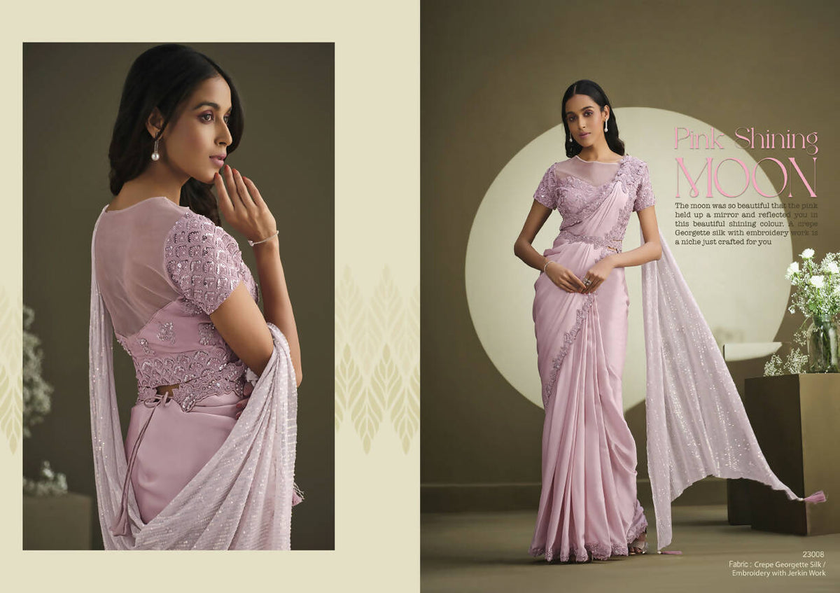 Pink Crepe Georgette Silk Sequence Embroidered With Stone Work Saree With Stitched Blouse - Mohmanthan La Belle | Grocsy