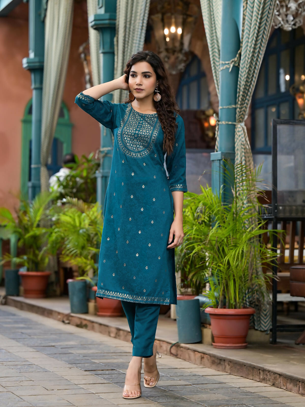 Juniper Women's Blue Ethnic Motif Printed Muslin Kurta Set With Zari Work & Gota Patti | Grocsy