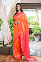 Very Much Indian Pure Cotton Handloom Saree With Intricate Borders - Orange | Grocsy