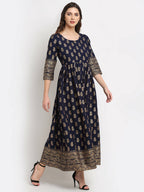 Rudra Bazaar Gold Printed A-Line Blue Kurti | Grocsy