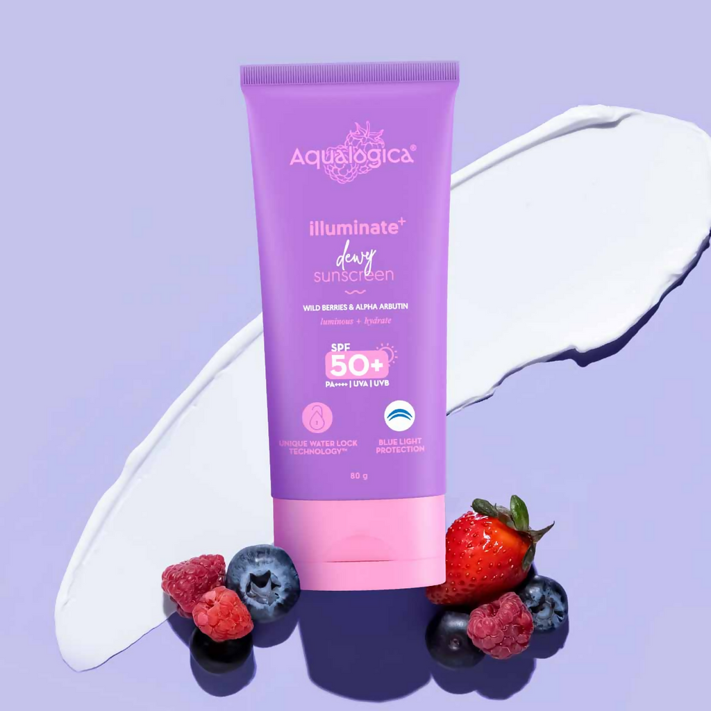 Aqualogica IIIuminate + Dewy Sunscreen SPF 50 PA++++ UVA/B & Blue Light Protection No White | Grocsy
