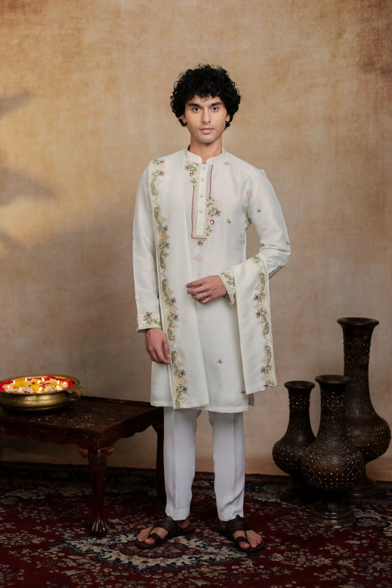Falling Raw Silk Off White Geometric Symphony Kurta Set By Hilo Design | Grocsy