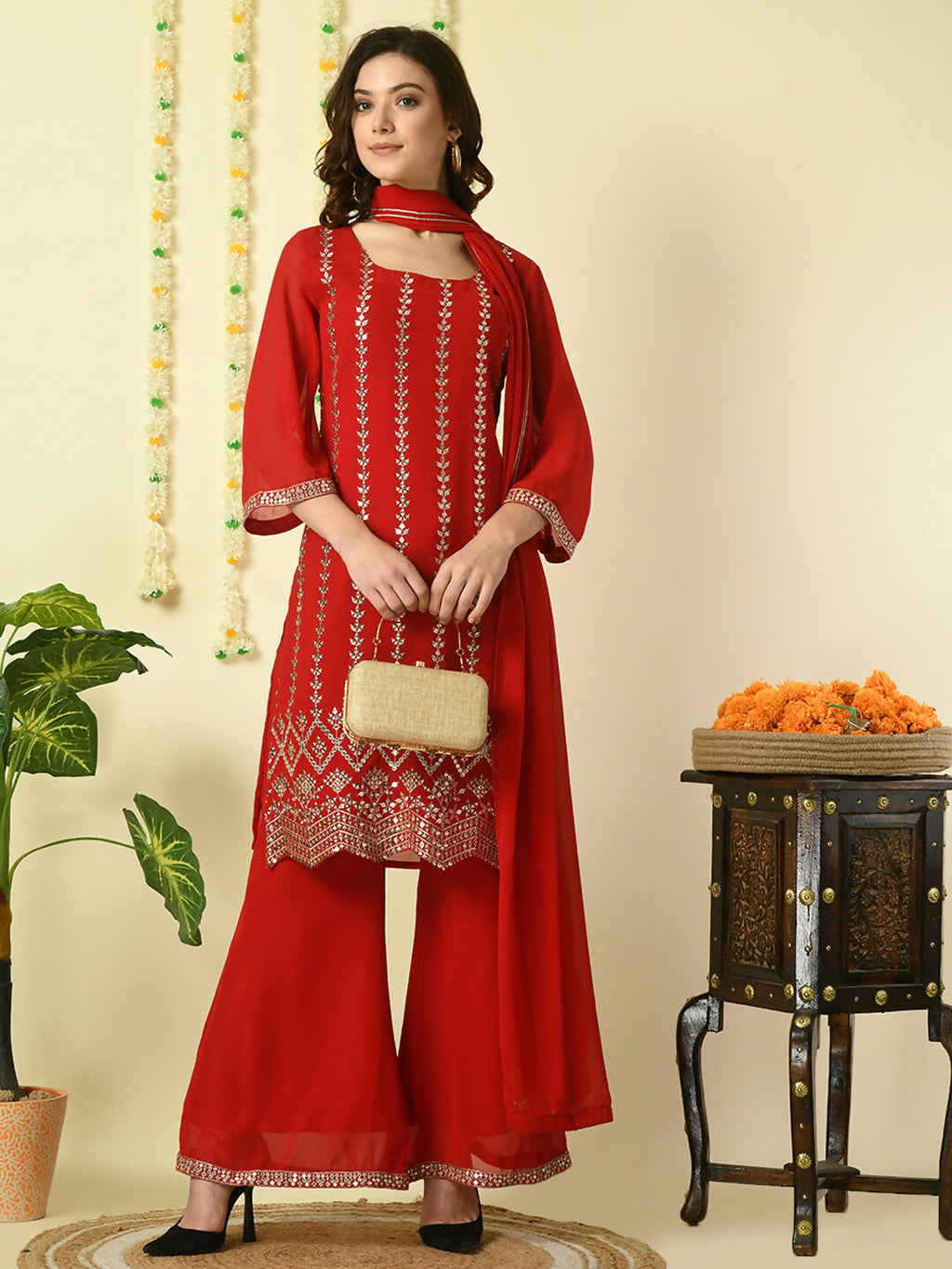 Myshka Women's Red Georgette Kurta & Palazzos With Dupatta Party Sets | Grocsy