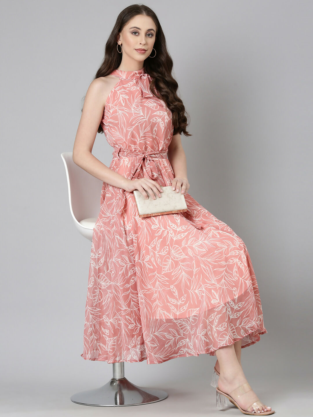 Souchii Peach Floral Chiffon Dress | Grocsy