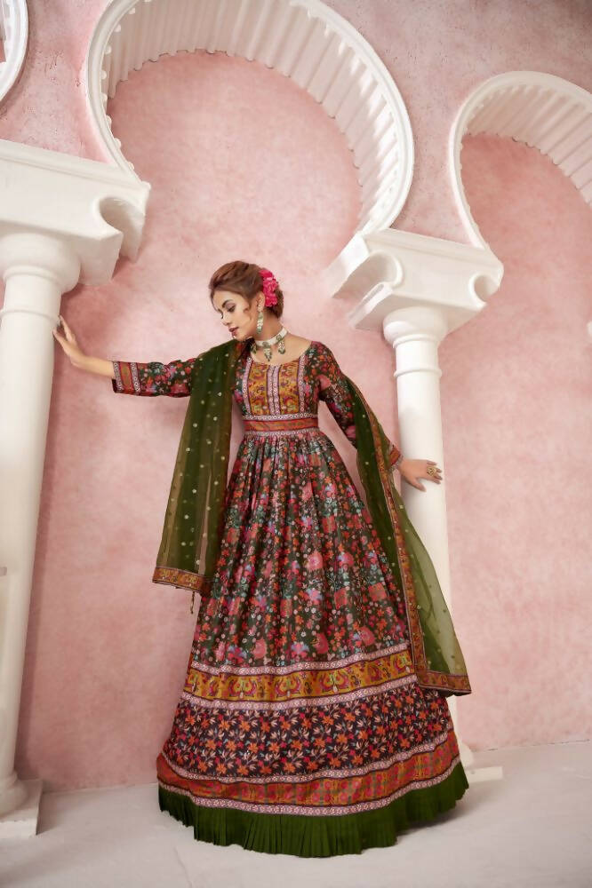 Everywhere Designer Mahendi Dola Silk Gown With Dupatta - Anbazaar | Grocsy