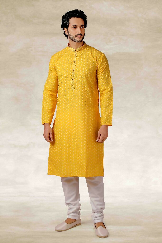 Raivat Ethnic Cotton Printed Work Kurta Pajama In Yellow Colour | Grocsy