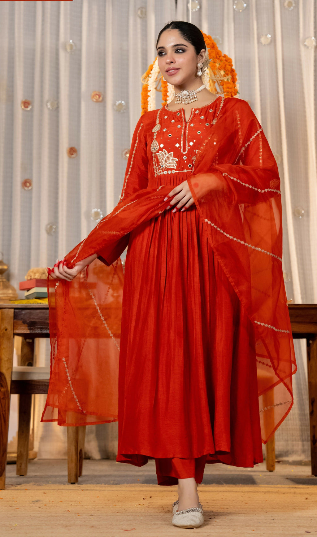The52 Women's Gorgeous Embroidery Work Chanderi Silk Fabric Flared Kurta Pant and Dupatta Set | Grocsy