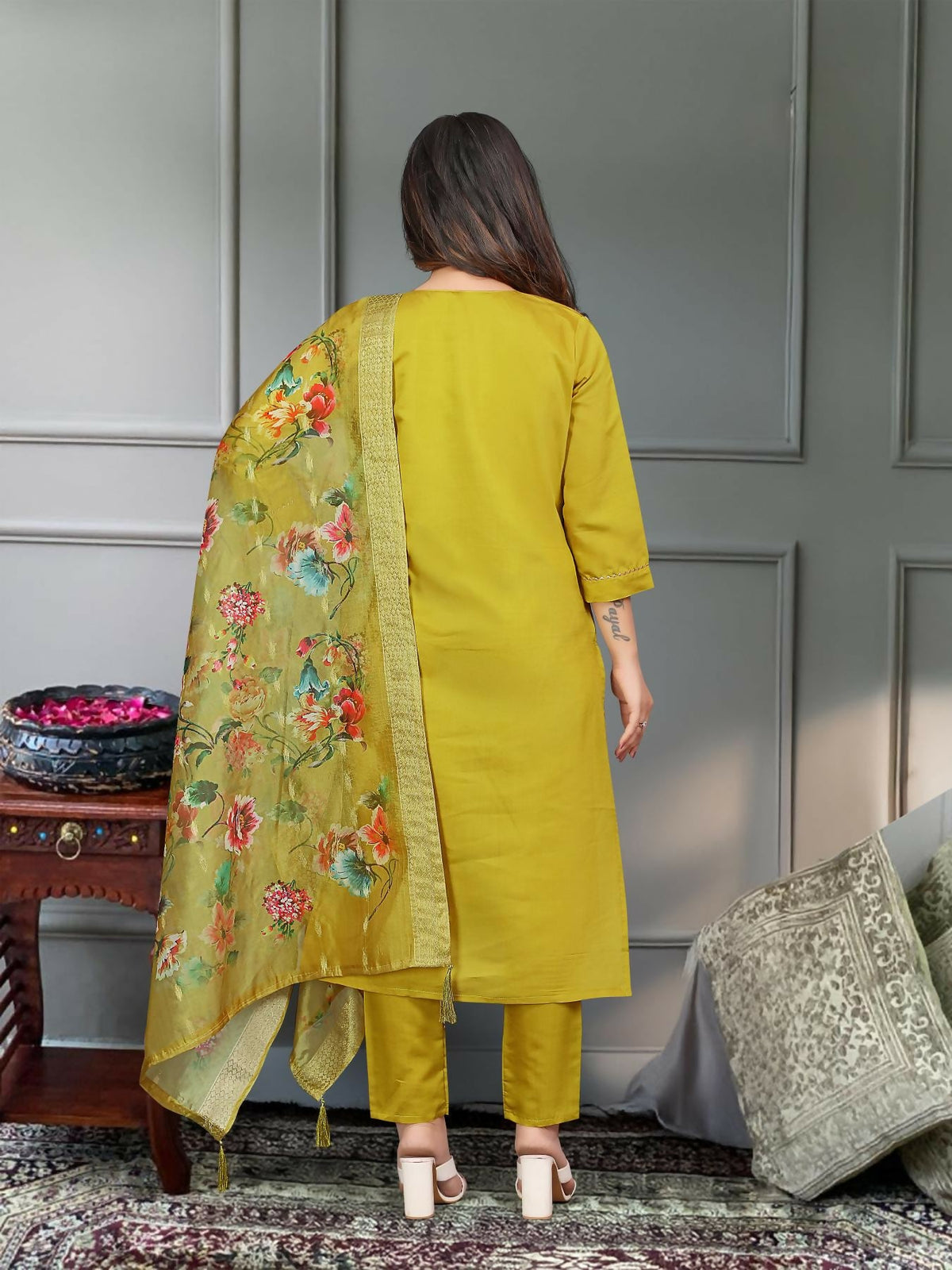 The52 Mustard Gorgeous Embroidered Viscose Chanderi Fabric Straight Kurta Pant with Dupatta Set | Grocsy