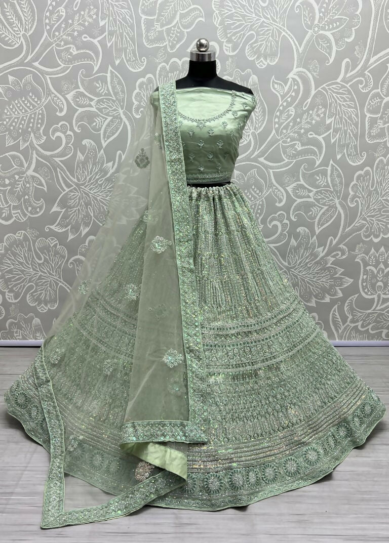 Jyoti Fashion Women's Pista Green Heavy Net Fancy Dori, Multi Thread, Rainbow Sequins and Diamond Work Wedding Lehenga Choli | Grocsy