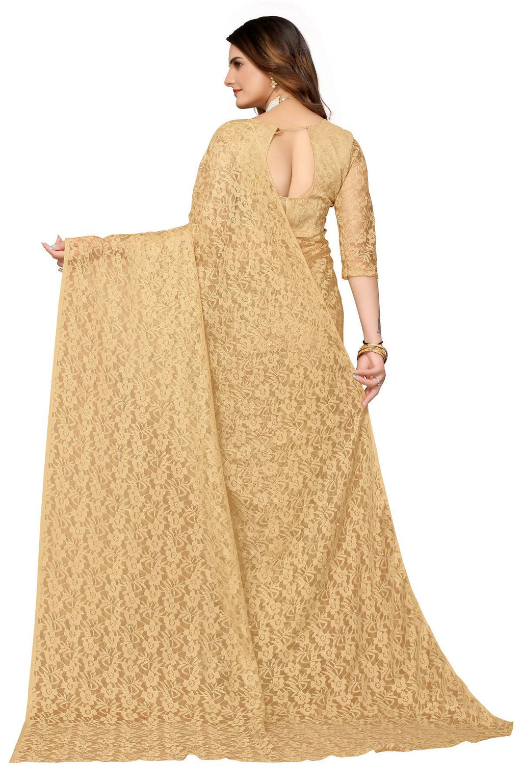 Vamika Brown Pearls Net Saree | Grocsy