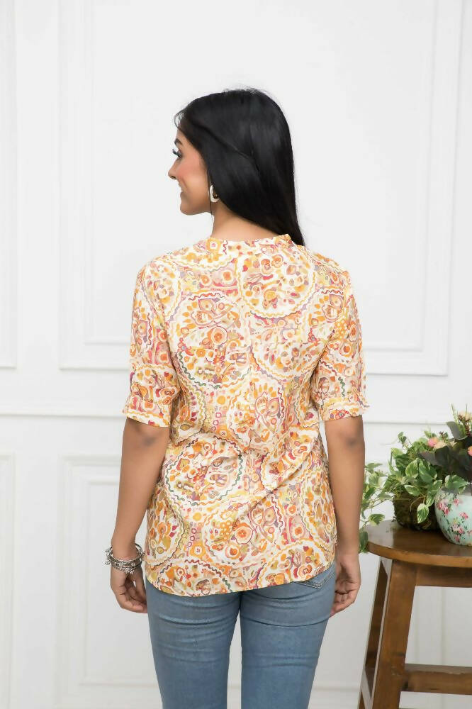 Myshka Women Mustard Floral V-Neck Regular Sleeves Viscose Rayon Top | Grocsy