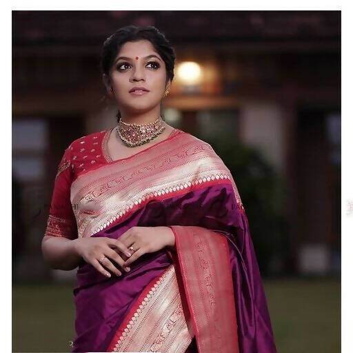 DEIANA'S Beautiful Designer Golden zari Soft Lichi Silk Saree - Purple | Grocsy