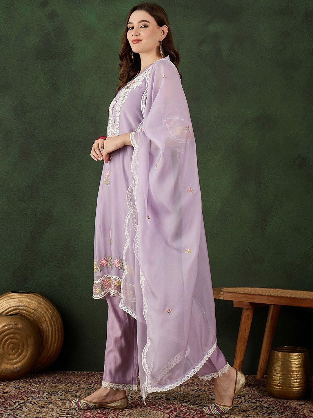 Sangria Embroidered Kurta With Trouser & Dupatta Set | Grocsy