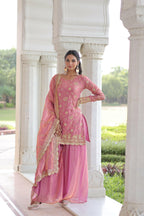 Joban Fashion Pink Readymade Kurta Set With Sequence embroidery Work | Grocsy