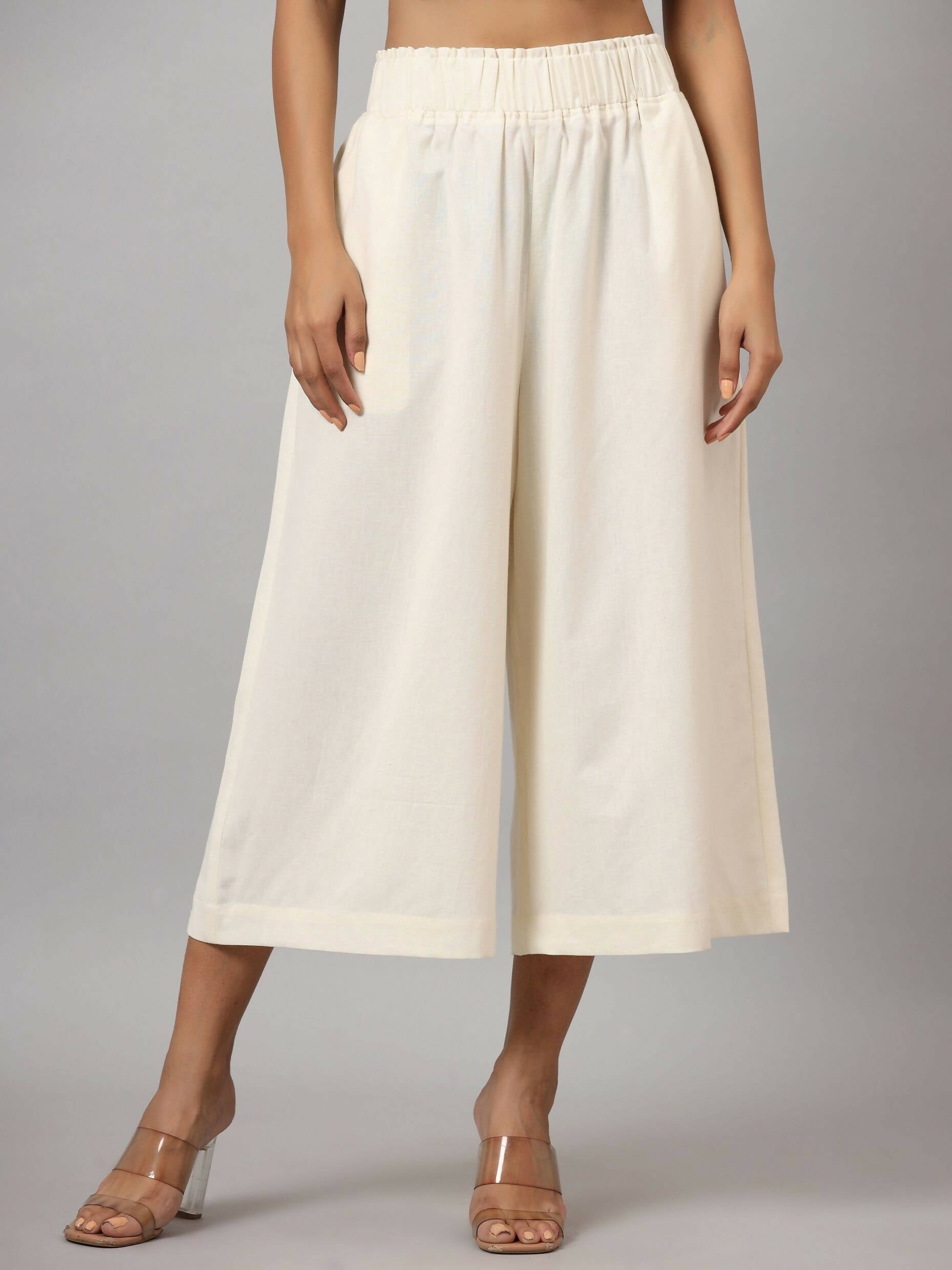 Juniper Women's Ivory Cotton Flex Flared Culottes | Grocsy