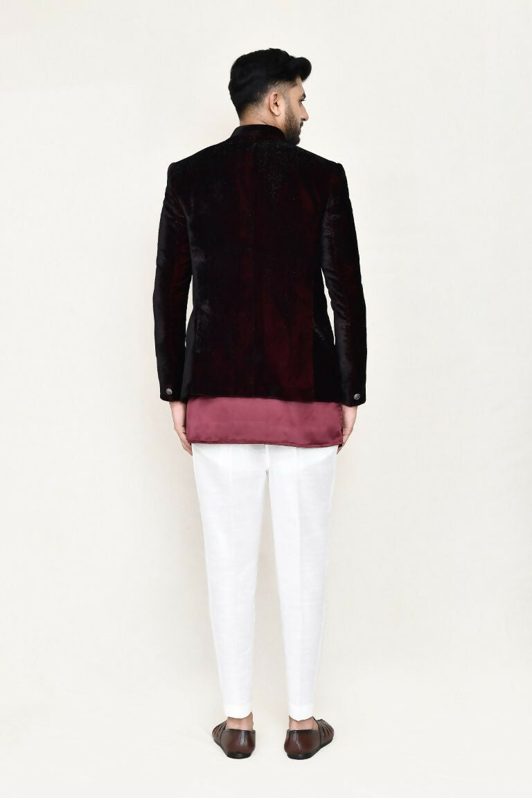 Joban Fashion Maroon Colored Satin Silk Fabric Open Prince Coat, Kurta With Straight Fit Pant | Grocsy