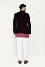 Joban Fashion Maroon Colored Satin Silk Fabric Open Prince Coat, Kurta With Straight Fit Pant | Grocsy