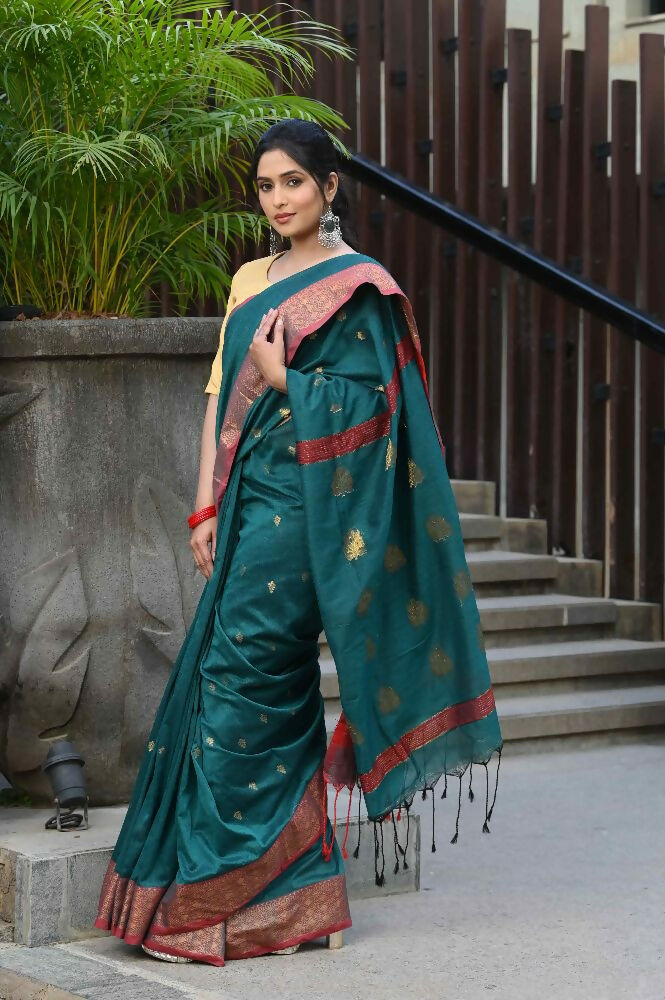 Beatitude Green Cotton Banarasi Saree | Grocsy