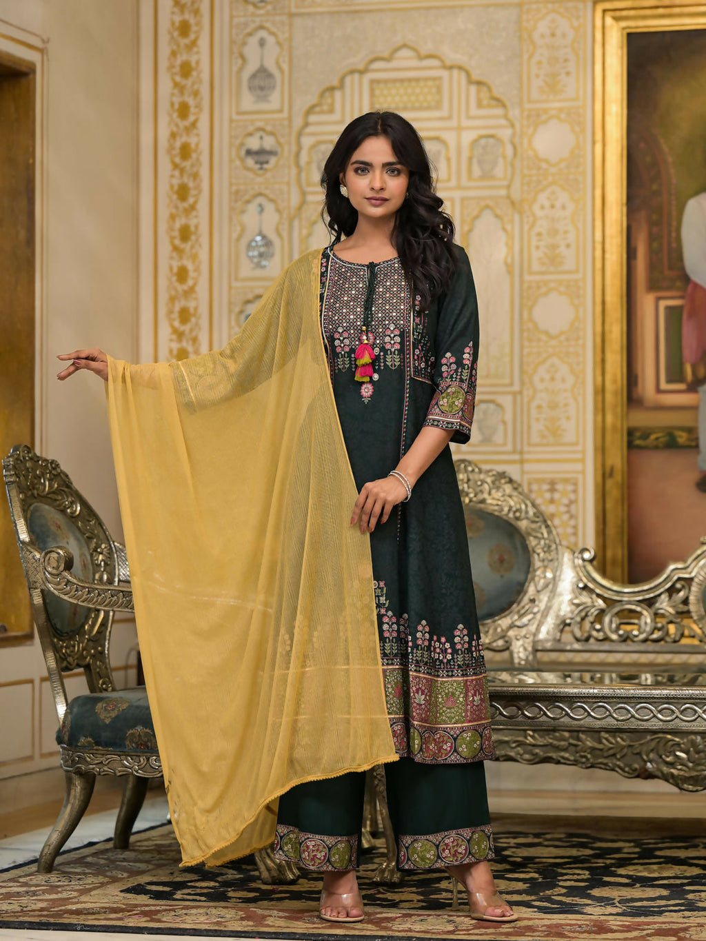 Juniper Women's Green Floral Printed Rayon Kurta Pant With Dupatta Set With Thread Work & Tassels | Grocsy