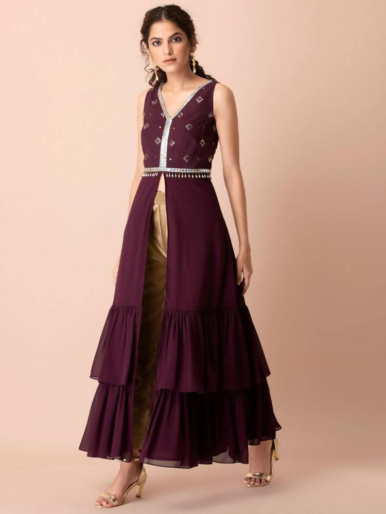 Indya Women Purple & Gold-Toned Embellished Ruffled High Slit Kurta | Grocsy