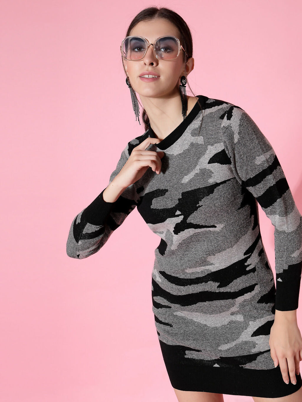 Women Black Acrylic Camouflage Knit Winter Dress - Wool Trees | Grocsy