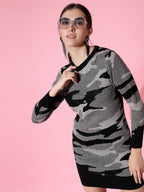 Women Black Acrylic Camouflage Knit Winter Dress - Wool Trees | Grocsy