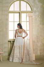 Eilara Off White Net Embroidered, Sequins And Thread Work A - Line Lehenga Choli For Engagement | Grocsy
