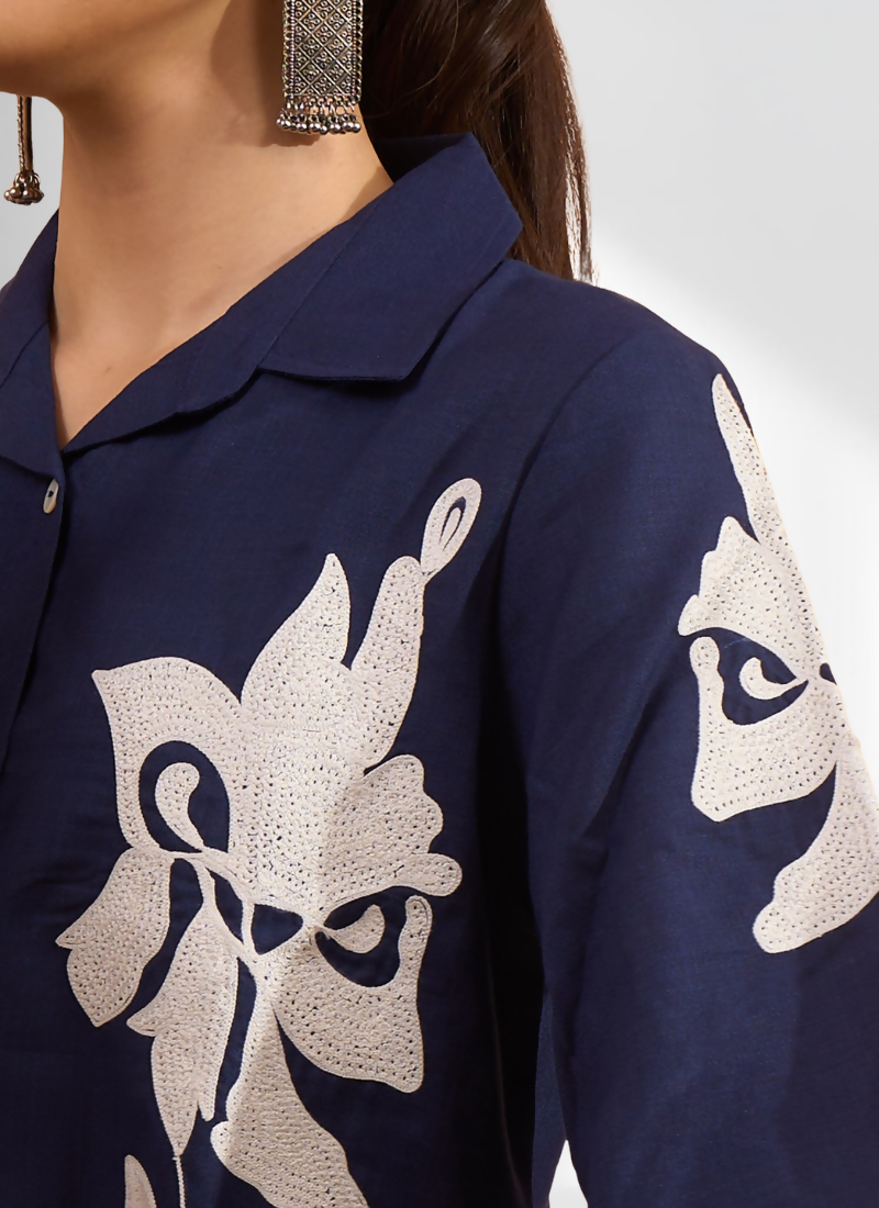 Joban Fashion Navy Blue Cotton, Linen Embroidered Readymade Cord Set | Grocsy