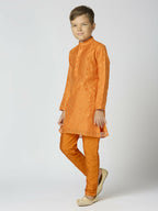 Joban Fashion Kids Island Full Sleeves Chanderi Kurta, Pyjama Set with Traditional Butta Work - Orange | Grocsy