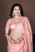 Morchari Peach Chiffon Hand Embroidery Saree Stitched Blouse | Grocsy