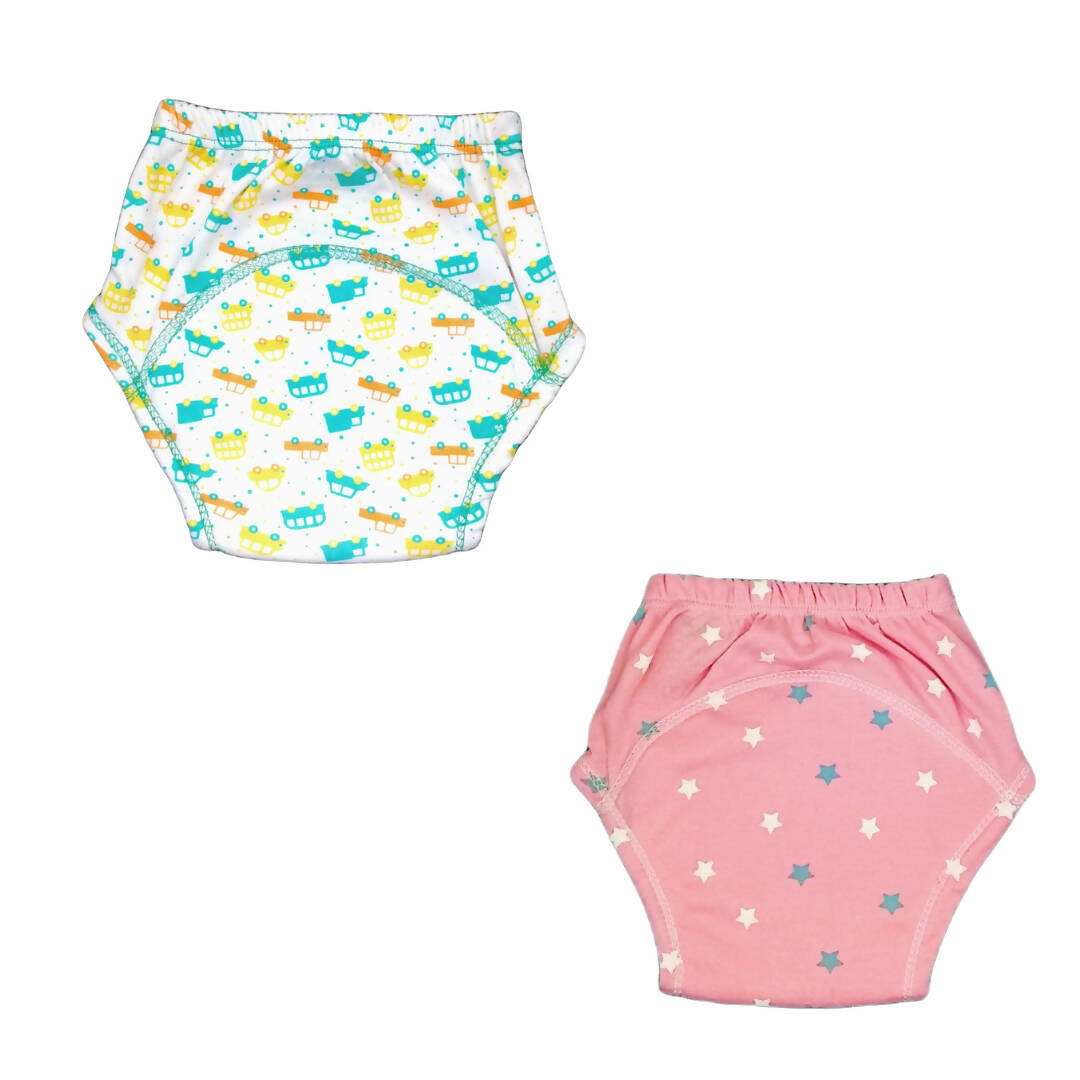 Kindermum Cotton Padded Pull Up Training Pants/Padded Underwear For Kids Peachy Star & Green Car-Set of 2 pcs | Grocsy