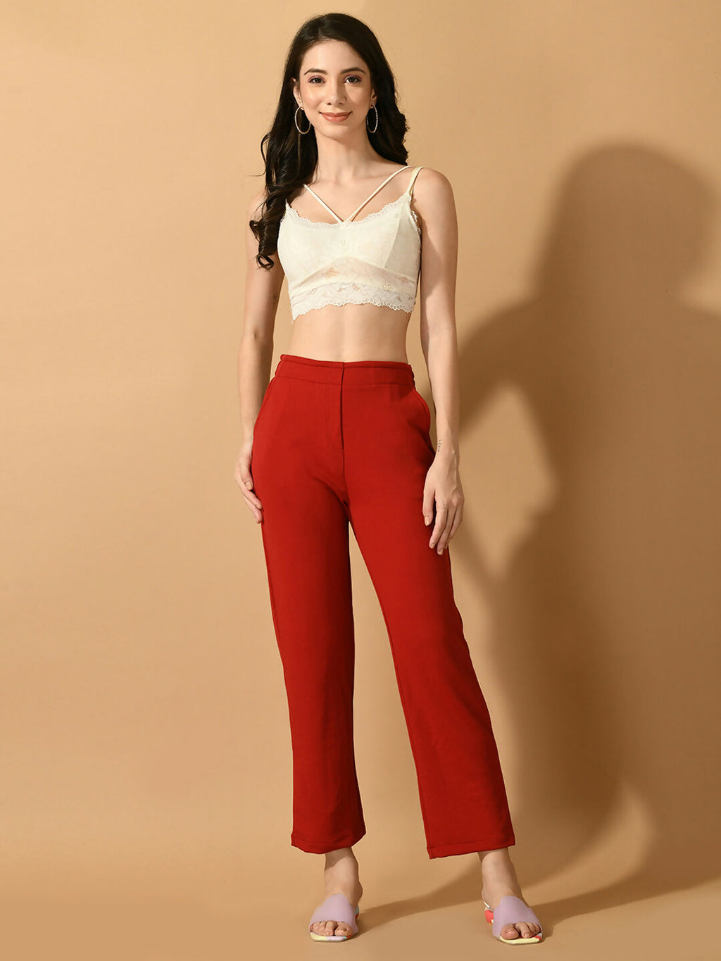 Myshka Women's Red Straight Fit Party Trouser | Grocsy