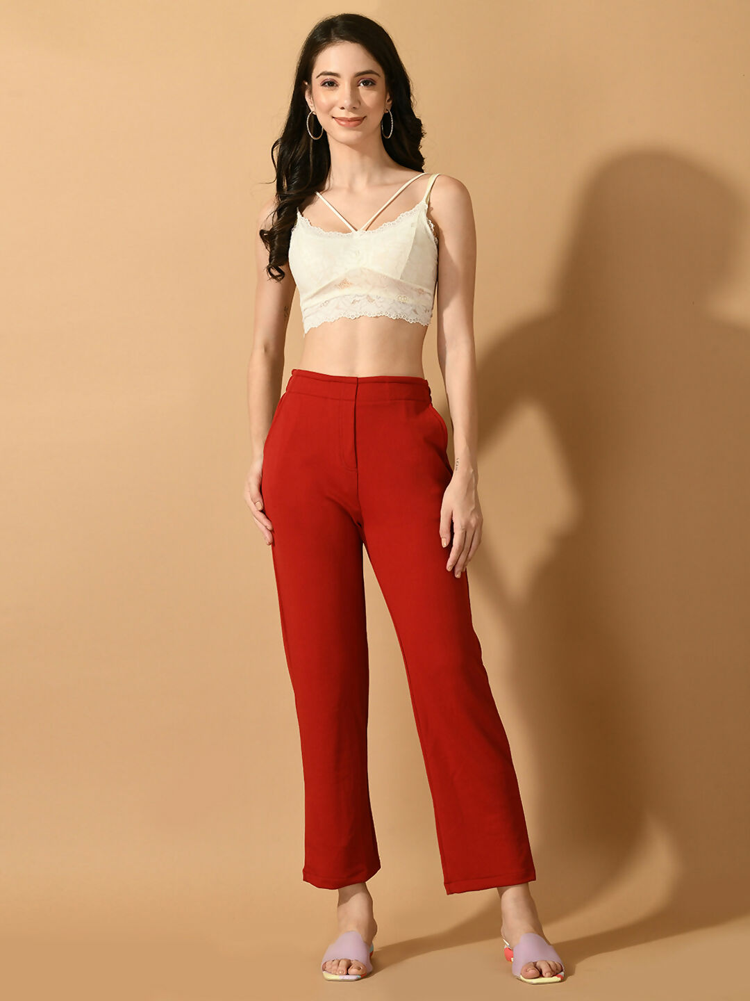 Myshka Women's Red Straight Fit Party Trouser | Grocsy
