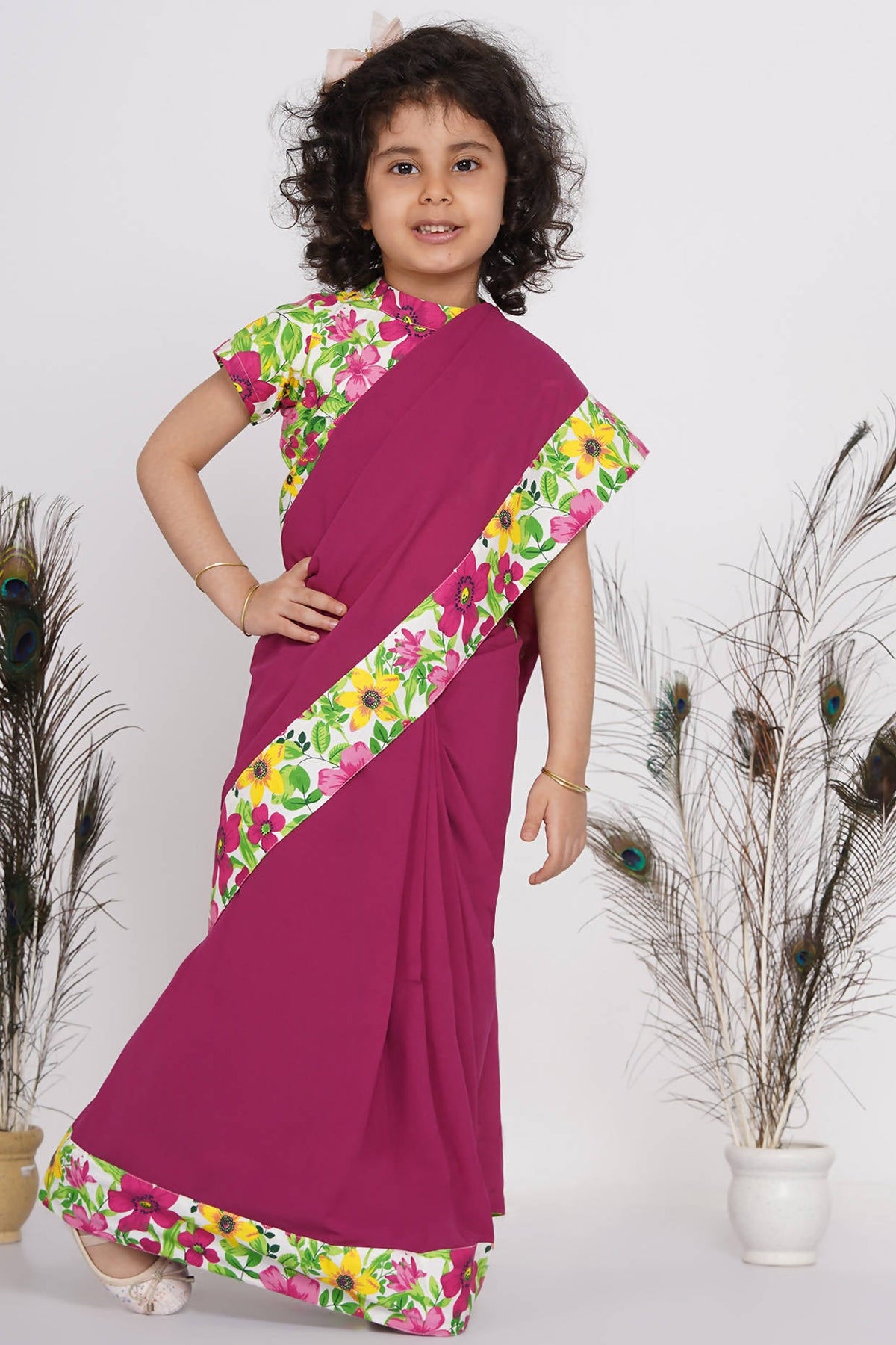 Little Bansi Girls Floral Print Ready to Wear Saree and Floral Blouse - Magenta | Grocsy