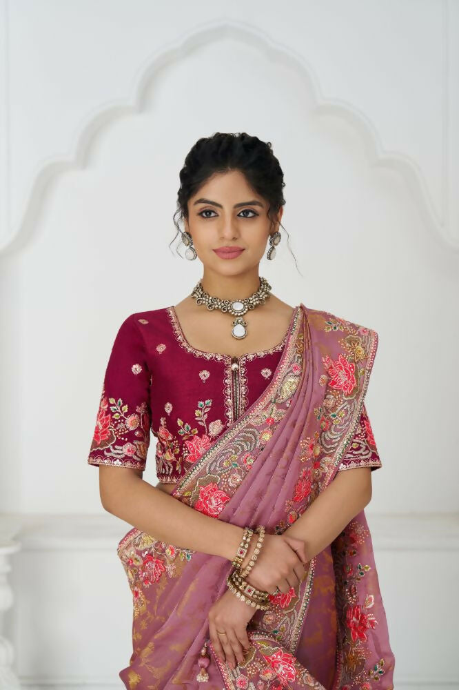 Kesar Fab Threaded Blossoms: Pink With Colorful Floral Embroidery Saree | Grocsy