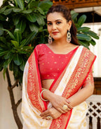 Joban Fashion Off White Silk Woven Banarasi Saree | Grocsy