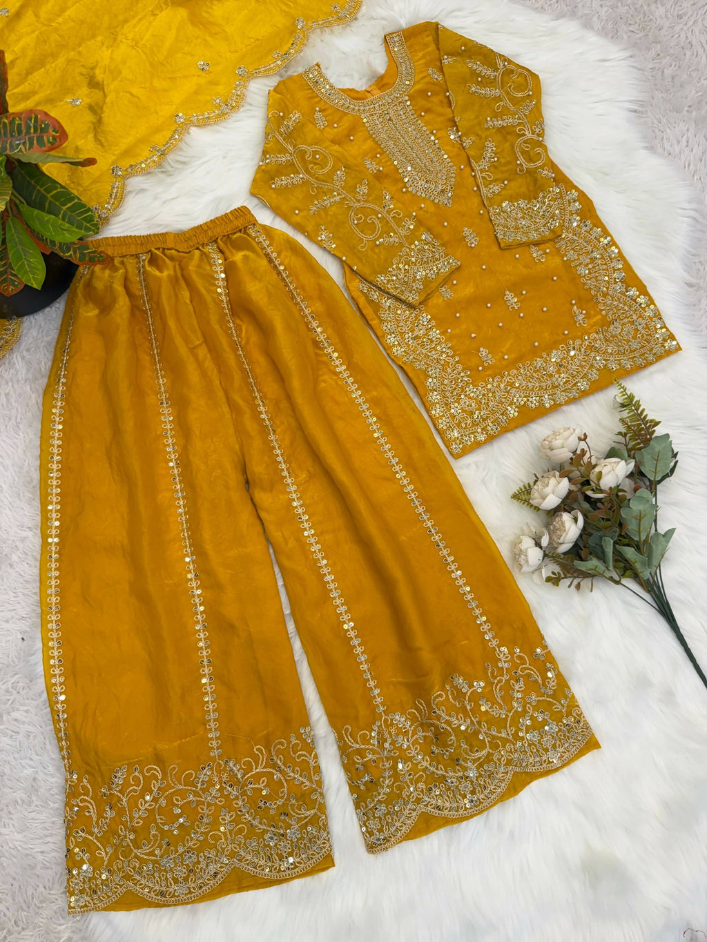 Teeya Creation New Trendy Fully Stitched Ready to Wear Kids Kurta Palazzo Set-Yellow | Grocsy