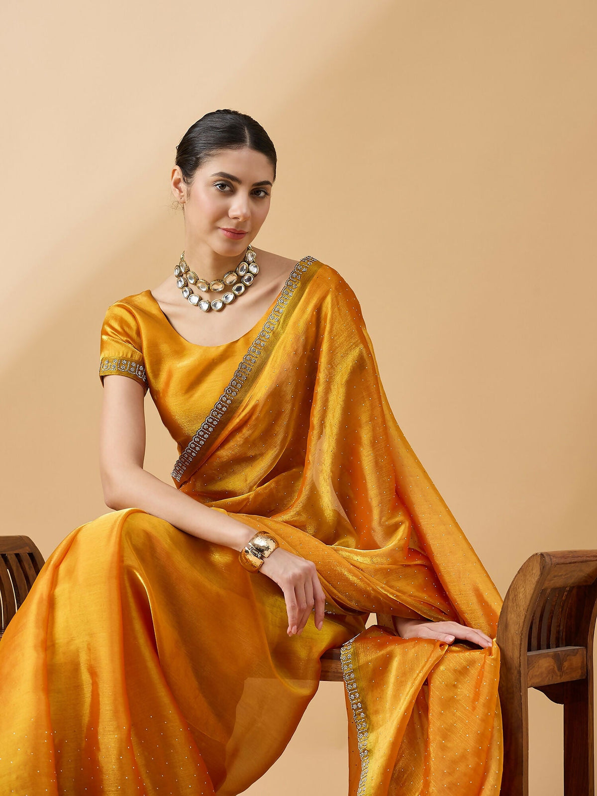 Mustard Organza Swaroski Diamond Work Saree with Unstitched Blouse - Radha | Grocsy