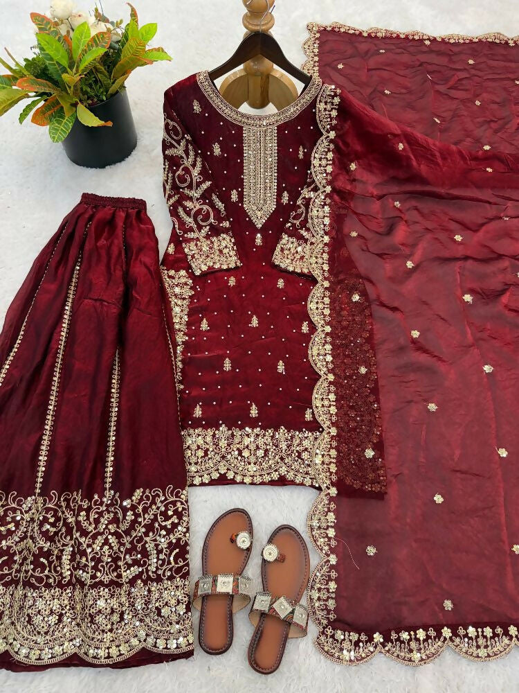 Teeya Creation Maron Color Fendy Silk Embroidery Work Wedding Wear Salwar Suit | Grocsy