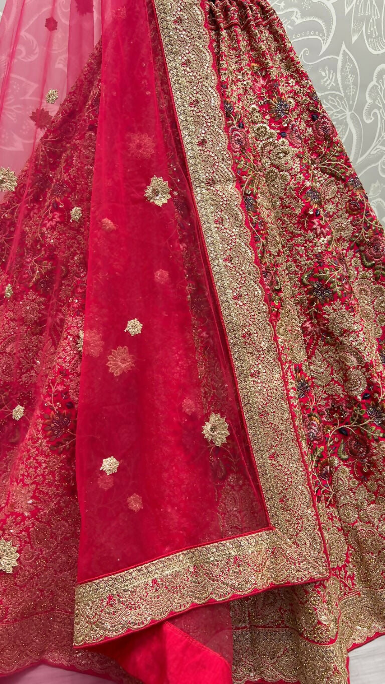 Jyoti Fashion Women's Rani Pink Silk Fancy Dori & Sequins Multi Thread Embroidered with Diamond Work Wedding Lehenga Choli | Grocsy